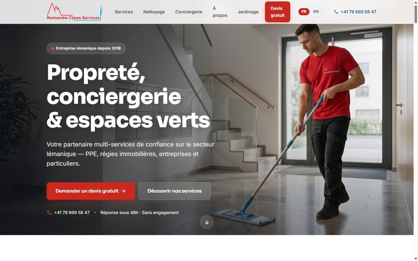 Site web réalisé pour Romandie Clean Services, entreprise de nettoyage et conciergerie dans le canton de Vaud